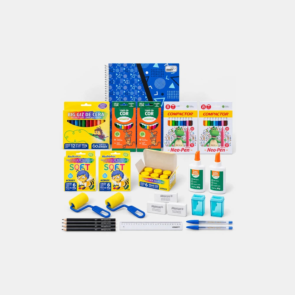 KIT Grande Artista: caderno de desenho, giz de cera, lápis de cor, massinha, tinta guache, cola, rolinhos e itens de escrita