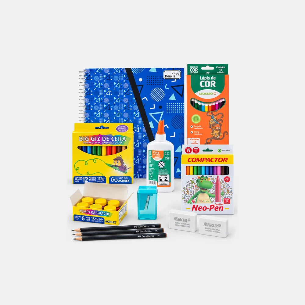 KIT Mundo Colorido: caderno de desenho, giz de cera, lápis de cor, massinha, tinta guache, cola, lápis, borrachas e apontador