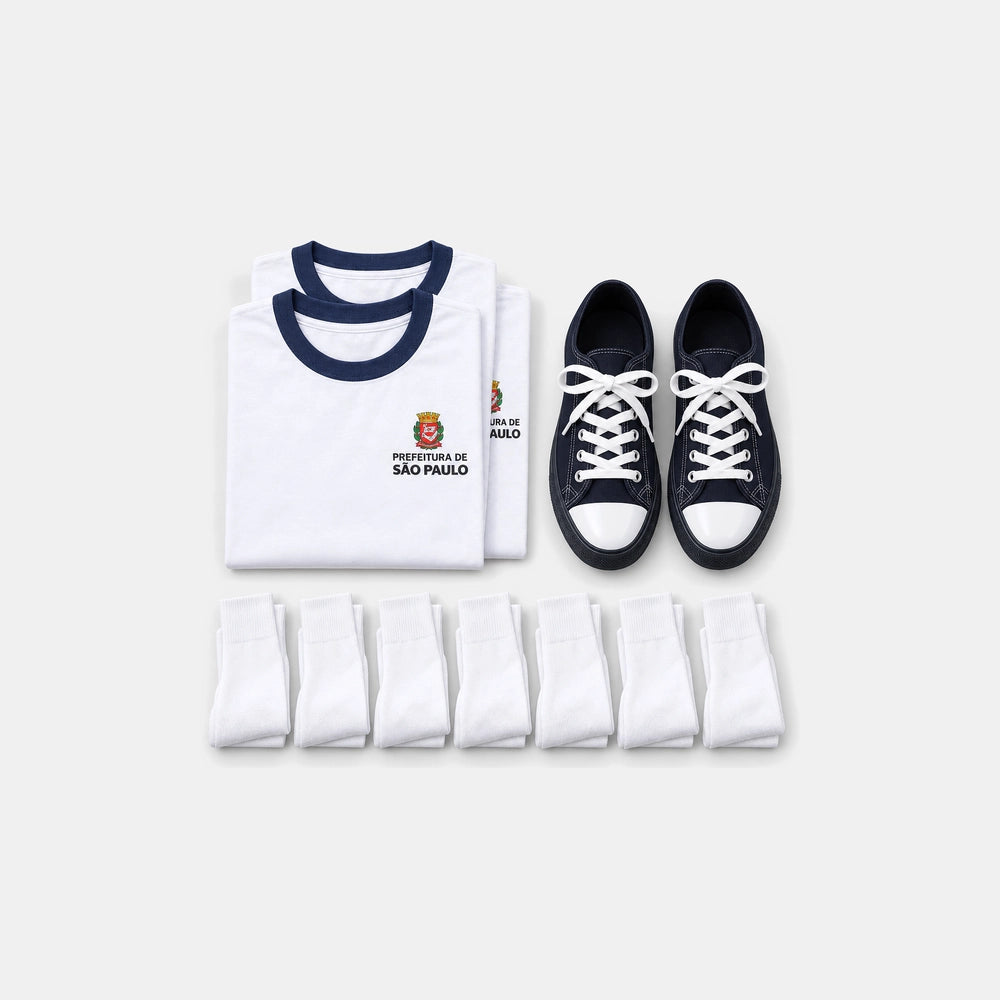 KIT Uniforme Completo: tênis escolar, 2 camisetas escolares e 7 pares de meias da Prefeitura de São Paulo