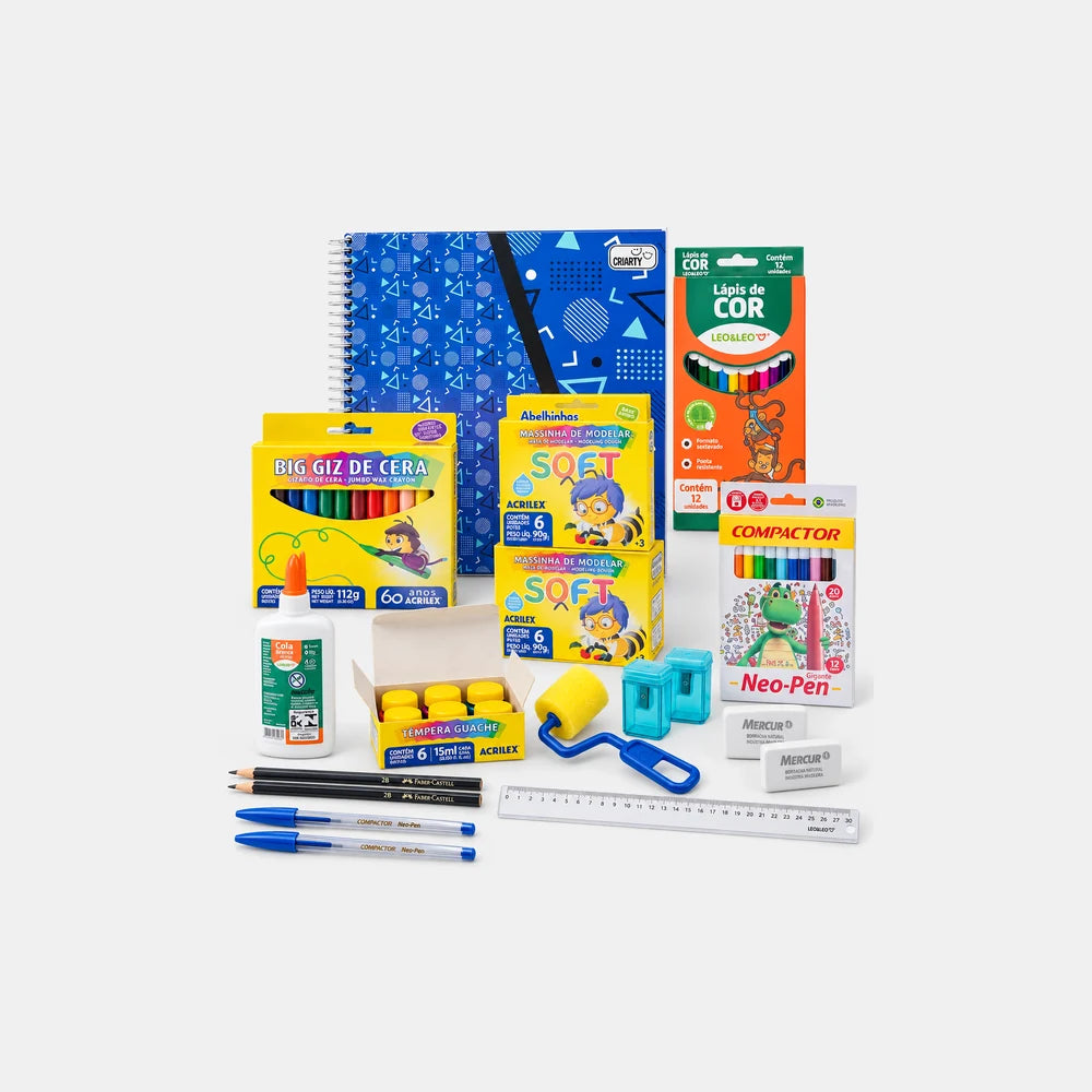 KIT Ateliê Criativo: caderno de desenho, giz de cera, lápis de cor, massinha, tinta guache, cola, rolinho e itens de escrita