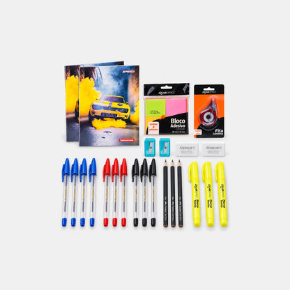 KIT Caderno em Dia: 2 cadernos brochurão, canetas, lápis, borrachas, apontadores, marca texto, corretivo e bloco adesivo