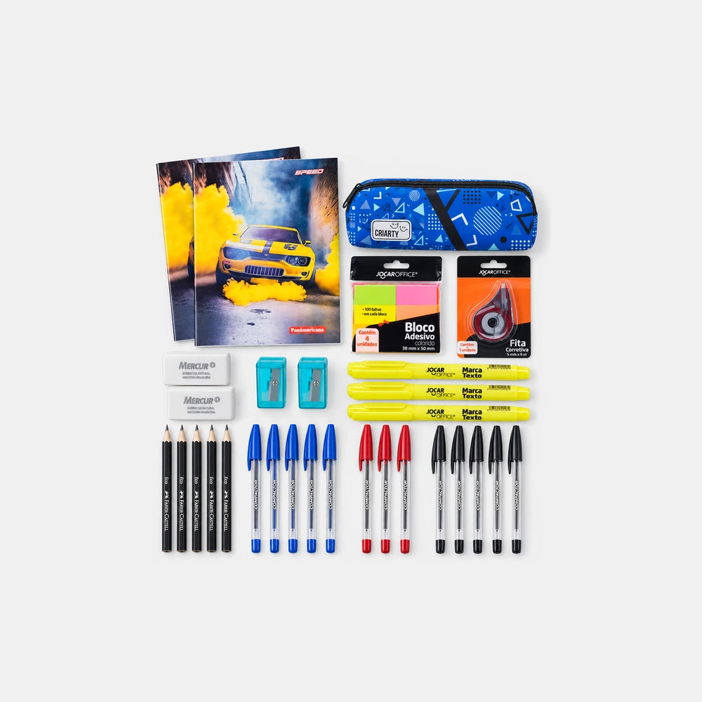 KIT Estojo Completo: estojo Criarty, 2 cadernos brochurão, canetas, lápis, marca texto, corretivo e bloco adesivo
