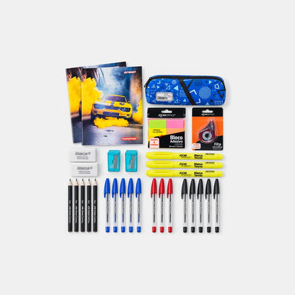 KIT Estojo Completo: estojo Criarty, 2 cadernos brochurão, canetas, lápis, marca texto, corretivo e bloco adesivo