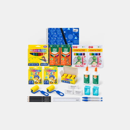 KIT Grande Artista: caderno de desenho, giz de cera, lápis de cor, massinha, tinta guache, cola, rolinhos e itens de escrita
