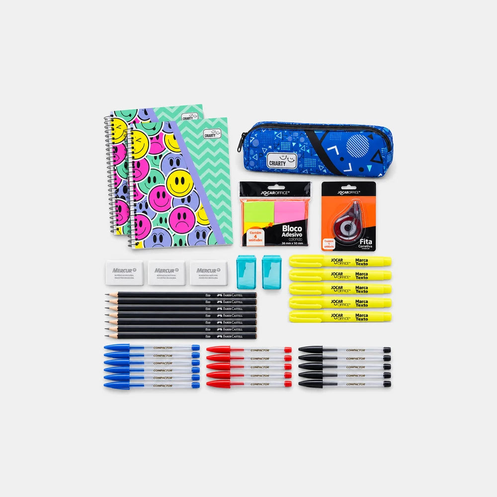 KIT Nota Dez: 2 cadernos universitários, estojo Criarty, canetas, lápis, marca texto, corretivo e bloco adesivo
