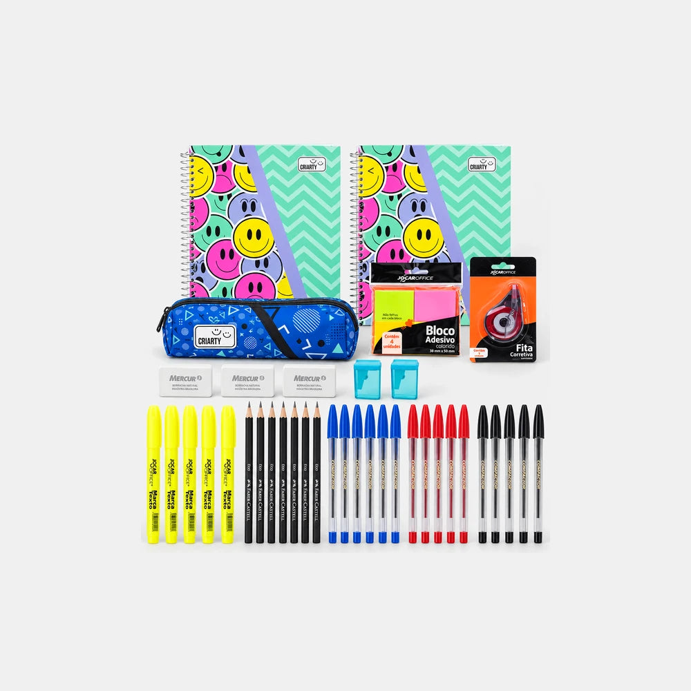 KIT Nota Dez Plus: 2 cadernos universitários, estojo Criarty, canetas, lápis, marca texto, corretivo e bloco adesivo