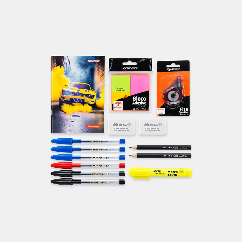 KIT Primeiras Letras: caderno brochurão, canetas, lápis, borrachas, marca texto, corretivo e bloco adesivo